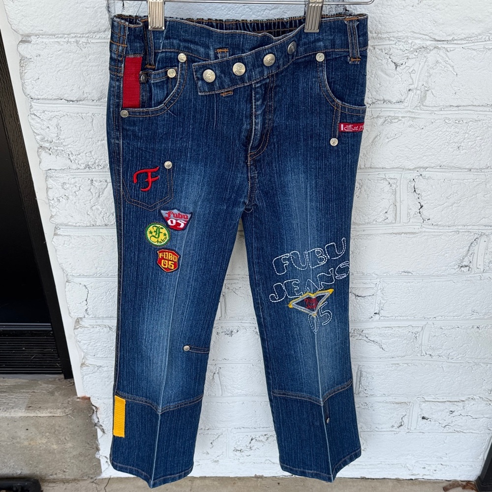 FUBU children’s size 6 Dark Blue Denim Crop Jeans with Red & Yellow Accents